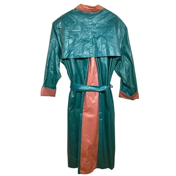 Vintage Jo Fox Boston Teal and Peach Shimmer Belted Trench Rain Coat Size Medium - Picture 4 of 8